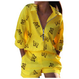 Women's New Spring Fashion Set Long-Sleeved Print Zipper Top Shorts Two-Piece