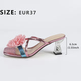 Selling Women High Heels Three-Dimensional Pink Rose Mirror Lizard Square Head Wine Glass And