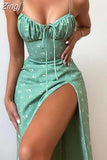 Spaghetti Strap Floral Print Summer Dress Women V Neck Bow Long Beach Party Elegant Bodycon