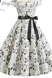 Women Summer Music Note Print Dress 50s 60s Robe Retro Swing Casual Vintage Sleeveless Party Dresses