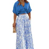 Bat Sleeve Horn Trousers Set Ins Short Blouse V-Neck Fashion Wide Leg Trousers
