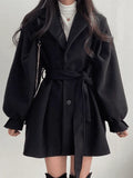 Puff Sleeve Belted Woolen Coat- Outfit