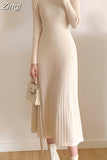 Winter 2023 Slim Long Sleeve Party Midi Dress for Women Knitted Half High Collar Elegant Knitted Sweater Dresses