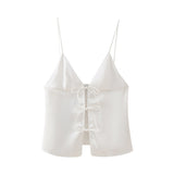 New Bow Trim Silk Satin Texture Top