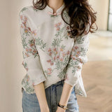 2025 New Chinese Style Improved Cheongsam Peach Shirt Retro Buckle Long-Sleeved Printed Shirt