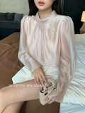 Xixi 2025 Autumn White Standard Temperament Collared Flowers Chiffon Shirt Women Long Sleeve Tops Women Tide