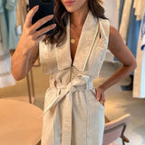 Zingj New Fashion Polo Collar Waist Solid Color Wide-Leg Jumpsuit Woman-Outfit