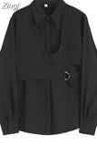 Women's Blouse Casual Loose Black Shirts 2023 Summer Gothic Vintage Harajuku Streetwear Long Sleeve Turn Down Collar Tunic