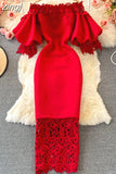 Hollow Out Lace Bodycon Long Dress Women Elegant Red/Pink/White Off Shoulder Patchwork Maxi Party Vestidos 2023 Autumn