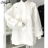 Women Chic Loose Turn-down Collar Fake Two Pieces Long Sleeve Clothes Vintage Autumn New Fashion Streetwear