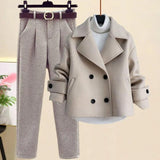 Zingj New Style Reduces Age 3 Sets Female Versatile Suit Windbreaker Coat Half High Collar Bottom Sweater Woolen Pants Tide-Outfit