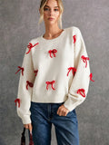 Red Bow Decoration Loose Round Collar Collar Sweater Autumn