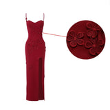 Mesh Floral Embroidered Strap Slit Midi Dress-Outfit