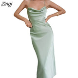 Women Summer Tie-up Sleeveless Backless Dress Fashion Solid Color Satin Cross Strap Long Dress