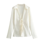2025 New Women's Loose Bow Trim Silk Satin Texture Shirt Women