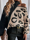 And Winter New Sweater Women Feel Shoulder Leopard Splicing High-Neck Knitting Shirt