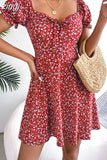 Women Flroal Print A-Line Short Dress Summer Shrinkage Design Bandage Boho Mini Dress Ladies Square Collar Vestido