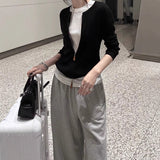 Niche Thin Temperament Zipper Loose Knitted Jersey Spring And Autumn Black Coat