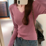 V-Collar Solid Color Long-Sleeved Woolen Blouse A New Style Slim And Slim Sweater In Autumn And