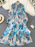 Vintage Women Floral Chiffon Midi Dress Elegant Ruffle Stand Collar Lantern Long Sleeve High Waist Big Swing Draped