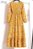 Women Elegant Floral Printed Long Dresses Spring Summer Casual O Neck Long Sleeve Ladies Chic High Waist A Line Beach