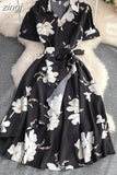 Women Printed Dress Elegant Turn-Down Collar Short Sleeve High Waist A-Line Red/Blue/Purple Slim Vestidos New