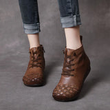 Time 138] National Wind Leather Hand-Woven Flat Bottom Short Boots Cow Skin Boots Soft Bottom Women's Cotton