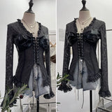 Real Shooting V Tie With Retro 2024 New Hottie Sexy Lace Splicing Pu Skin Hollow Shirt Top