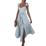 Zingj New Fashion Floral Print French Retro Waist Sling Dress-Outfit