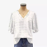 Women's New Square Texture Horn Sleeve Shirt V-Neck