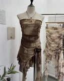 Solid Shot Tie Net Yarn Printing Irregular Ribbon Three-Dimensional Flowers Small Man With Chest Short Skirt Dress Dress