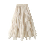 Spring New High-Waisted Lotus Leaf Side Splicing Mesh Dress Half-Dress Woman's Long-Term Large Folding Skirt