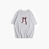 Sale Of Retro Simple Bow Print T-Shirts For Girls In Summer Loose Round-Neck Pure Cotton Short