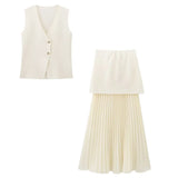 Women's Clothing 2025 Summer Solid Color Trim Gold Button Knitted Vest Top + Half Skirt