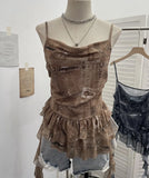 Shoot Spice Girl Swing Network Yarn Print Sling Vest Retivating Lotus Leaf Side Ribbon Short Top