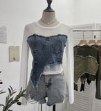 Feel Niche Cowboy Splicing Long-Sleeved Mesh T-Shirt Girl Summer Round Collar Dress Short Top