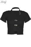 Sweet Cute Crop Top Pullovers Summer Short Sleeve Vintage Streetwear T Shirt Women Skin Button Prepply Korean E-girl