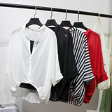 Two Piece Set Leopard Chiffon Shirts Summer Half Sleeve Loose V-Neck Women Casual Blouse Sexy Casual Striped Tops