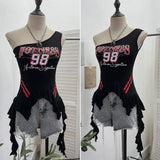 Shooting Retro Jersey Vest Letter Print Oblique Shoulder Hottie Wearing Lotus Edge Ribbon Ribbon Short Top