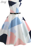 Print Summer Dress Women Sleeveless Tunic Elegant Vintage Dress Belt Party Dresses Casual Sundress