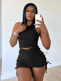Sport Summer Clothes for Women 2 Piece Sets Drawstring Zipper Rib Shorts and Crop Top Casual Sexy Outfits