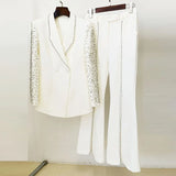New Fashion Heavy Industry Nails Studded Suit Jacket Open Fork Trousers Set Two