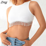 Women Ribbed Sleeveless Round Neck Crop Tops Rhinestone Tassel Hem Design Solid Color Summer Streetwear Tank