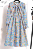 Women Shirt Dress Casual Spring Autumn Vintage Floral Print Bow Long Sleeve Elegant Office A-line Midi Dress