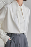 Vintage Satin Silk Women Shirt Turn Down Collar Woman Loose Blouse White Long Sleeve Shirts Blusas Office Lady Tops