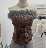 Shooting Retro Pu Skin Spliced Hair Bra Bra Strap Chest Punk Hottie Skin Buckle Waist Short Top