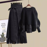 Women Winter Patchwork Long Sleeve Knitted Tops + Asymmetric Skirt 2 Piece Suit Female Party Elegant Two Piece Set 211-1-Outfit