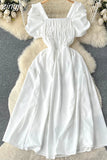 Vintage Women Square Collar Draped Dress Eleagant Puff Short Sleeve High Waist A-Line Knee-Length Robe Female New