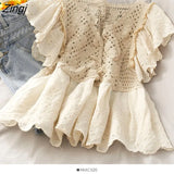 Women Sweet Floral Hollow Out Design Chic Popular Summer All-match Girls Blusas Top Lovely Vintage Basic Womens