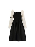 Women French Puff Sleeve Dress Vintage Lace Spliced Long Sleeve Square Collar Elegant Sweet Midi Dresses Clothes 2023 Autumn